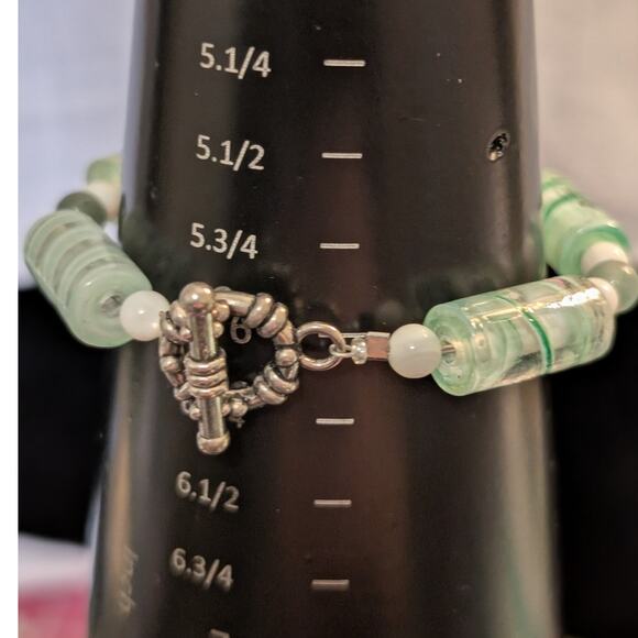 Glass Mint Green Lampwork Elongated Cylinder & Stone & Milk Glass Bead Bracelet - Picture 4 of 6